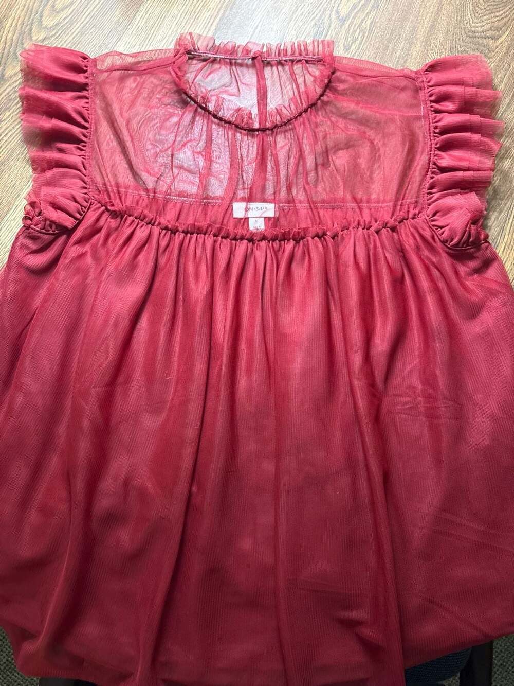 On 34th Bright Rhubarb Tulle Flutter Sleeve Semi-Sheer Top Blouse